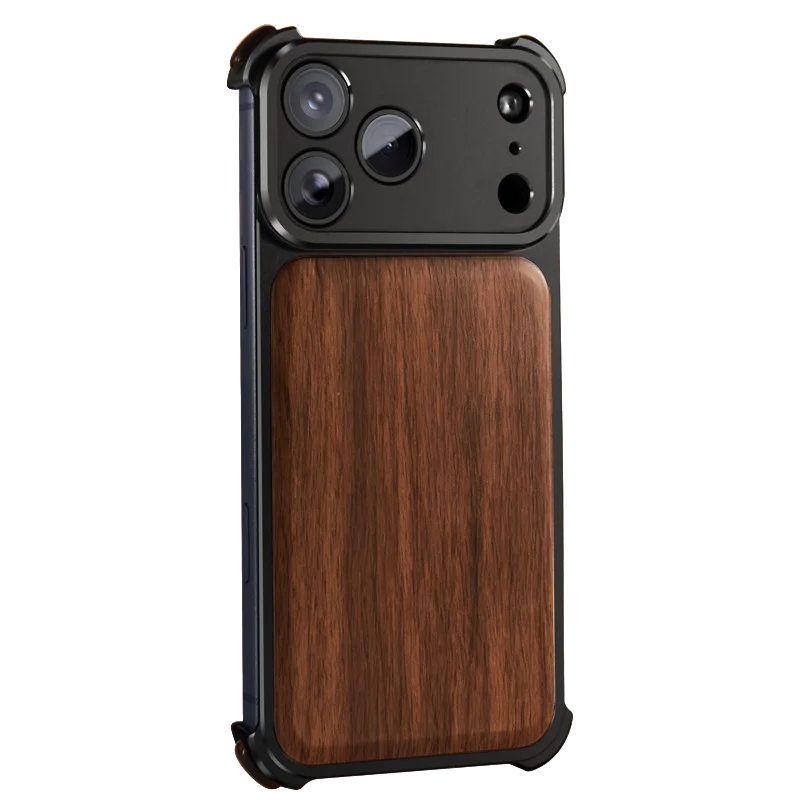 

Bounce Aluminum Metal Frameless Magnetic Case For iPhone 17 Pro Max Walnut Wood Texture Backplane Anti-scratch Protection Cover