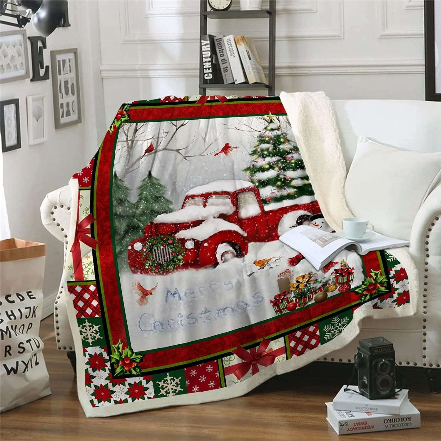 

Red Truck Throw Blanket Christmas Tree Snowman Printed Fleece Blanket Soft Warm Microfiber Solid Blanket for Bed