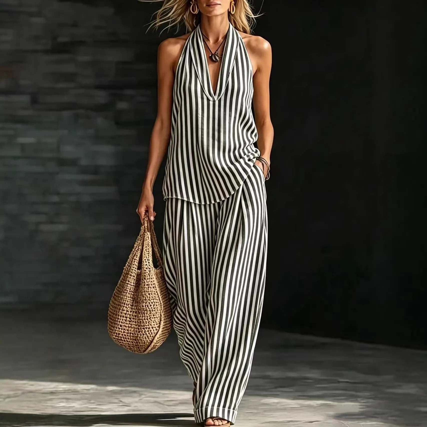 

Summer Casual Jumpsuit V Neck Sleeveless Striped Romper Halter Neck Top Wide Leg Pants Loose Fit Front Pocket Black