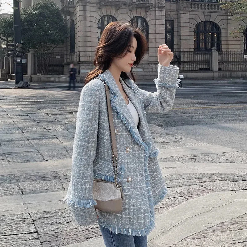 سترة نسائية أنيقة منقوشة عطر فرنسي صغير بحواف خام بدلة شرابة سترة بأزرار معطف نسائي جمالي فضفاض غير رسمي #2