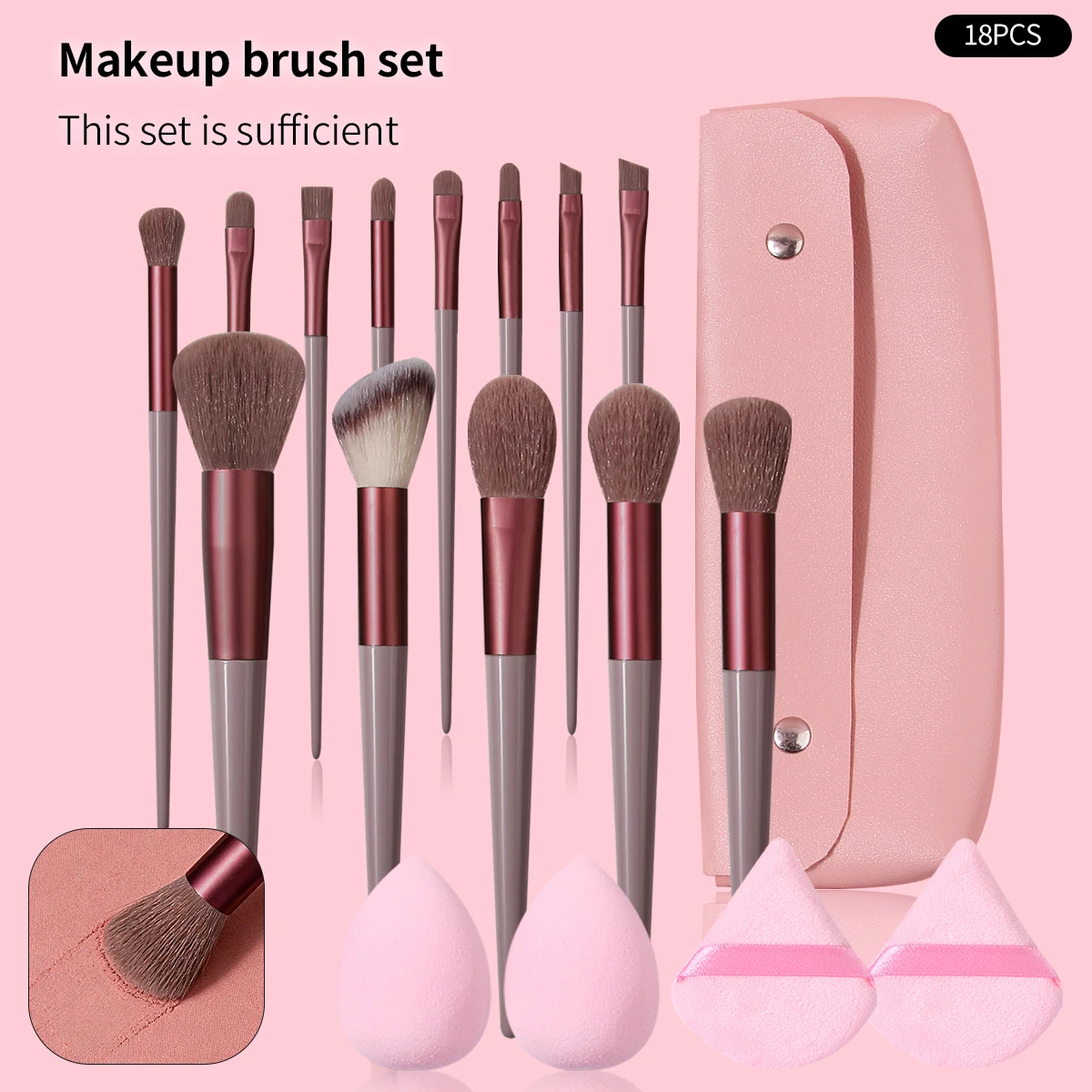 18本のプロフェッショナルメイクブラシセット - 多機能フェイシャルブラシセット + ソフトスポンジパウダーパフ + ポータブル収納バッグ