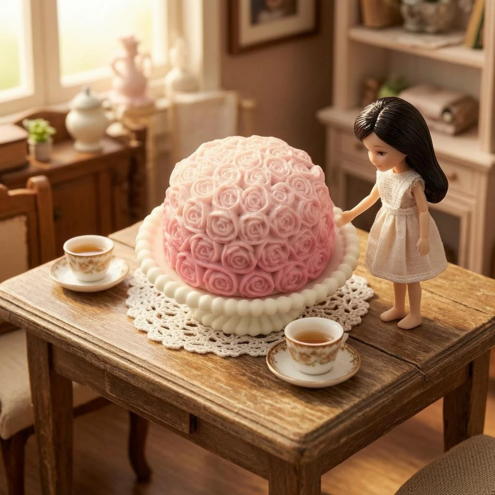 

Miniature Rose Cake Domed Rose Cake Pedestal 1/12 Scale Dollhouse Dish Set Fluted