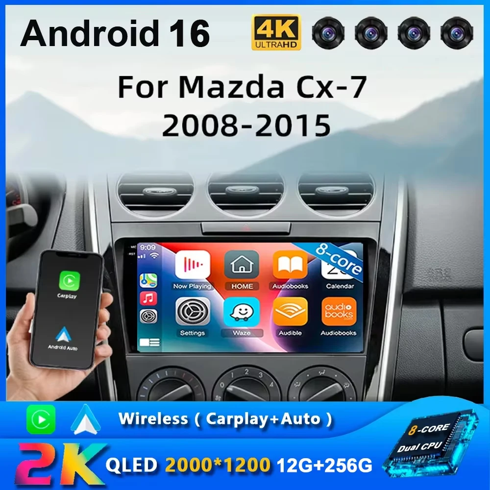 Android 16 Carplay Car Radio For MAZDA CX-7 CX7 CX 7 2008 2009 2010 - 2015 Navigation GPS Multimedia Player stereo wifi BT