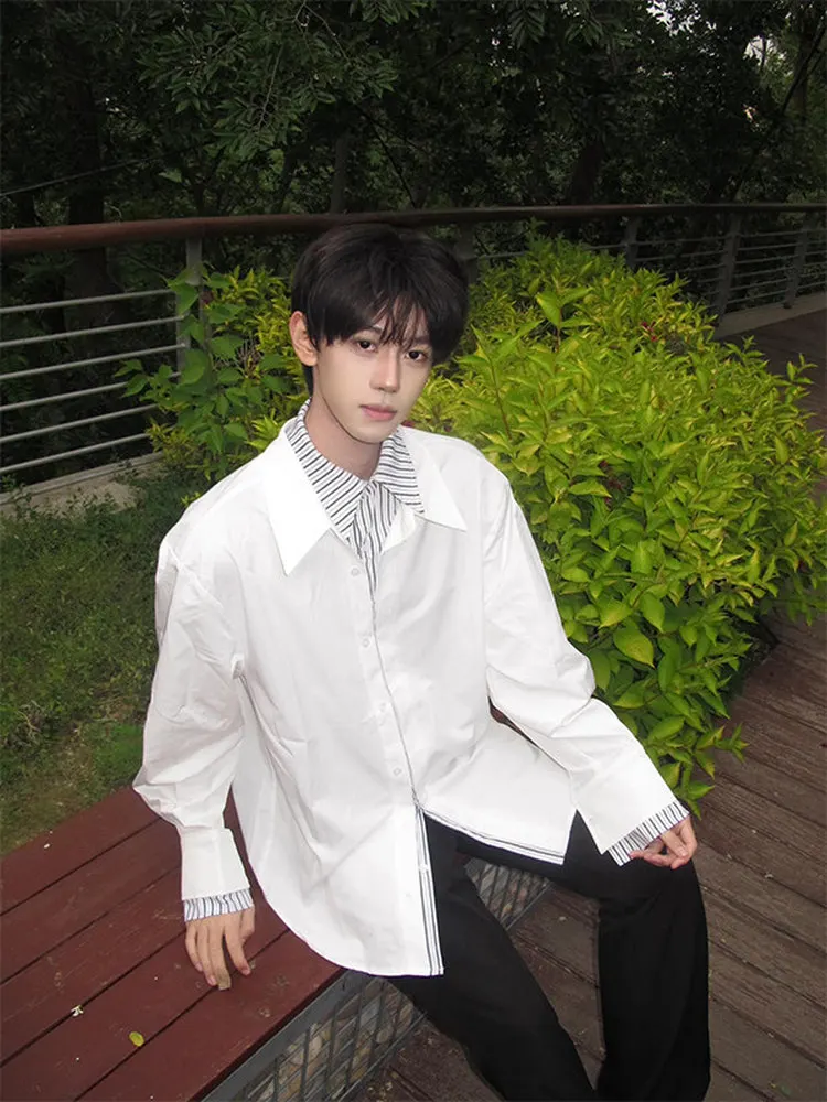 Autumn Spring Striped Long Sleeve Shirt Men's White Shoulder High-End Feeling Jacket Casual Style Loose Fit Fake Two-Piece