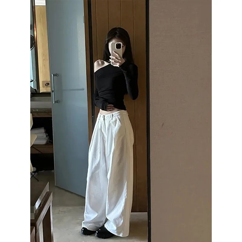 Slim Fit Long Sleeve T-Shirt Women's Shoulder Bared Side Shoulder Crossbody Top Waist Cinched Southeast Asian Style Base Shirt
