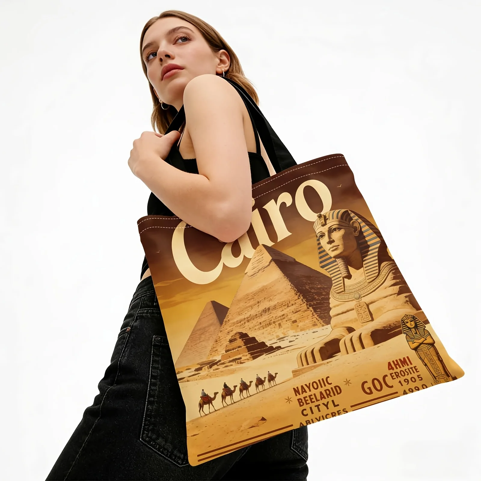 Large-Capacity Egyptian Pyramid Print Tote Bag - Suitable for Travel, Shopping & Daily Use, Machine Washable Handbag