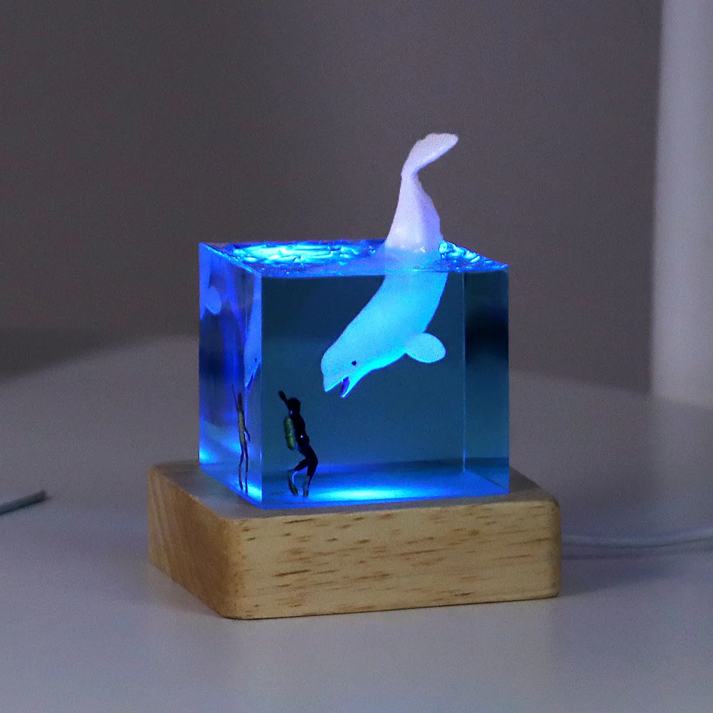 Resina cubo organismo mesa luz, arte criativa decoração lâmpada, baleia golfinho tubarão tema, luz noturna, carga USB, 7 cores, 5cm