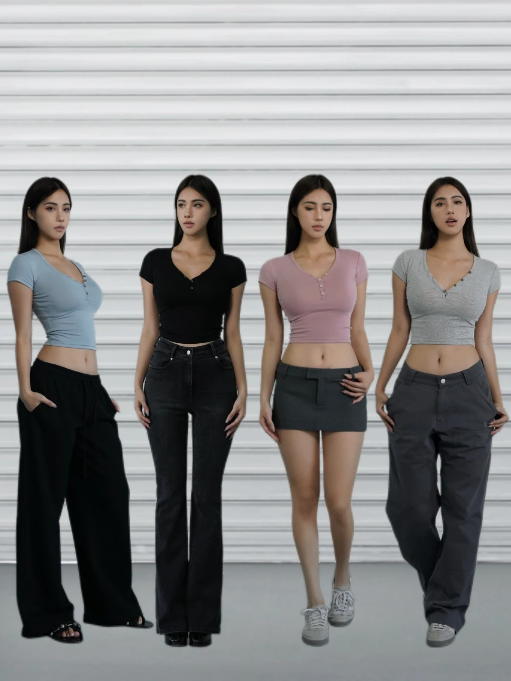 

Slim Fit ort Sve T-irt with Button Henry Collar Narrow oulder Basic Versatile Summer Top for Young Women