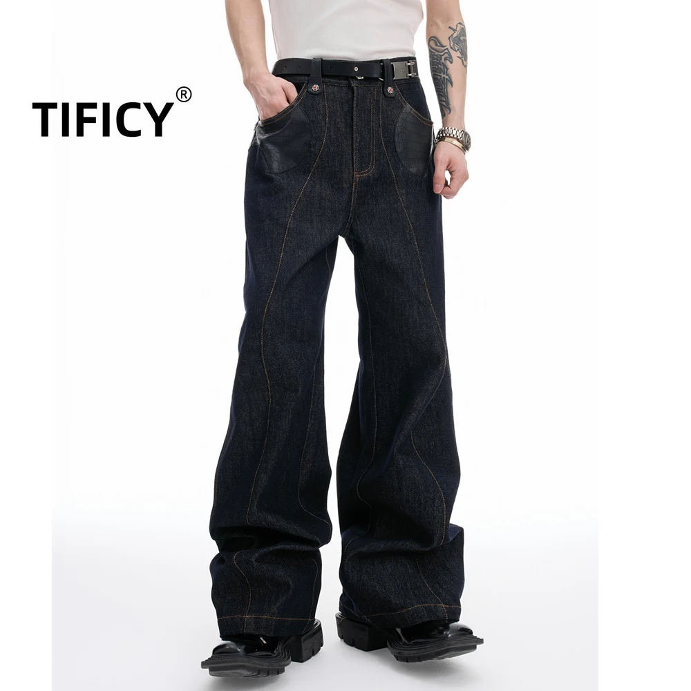 High Street Jeans Pants Men's Retro Crocodile Leather Patchwork Original Color Denim Suit Short Denim Pant