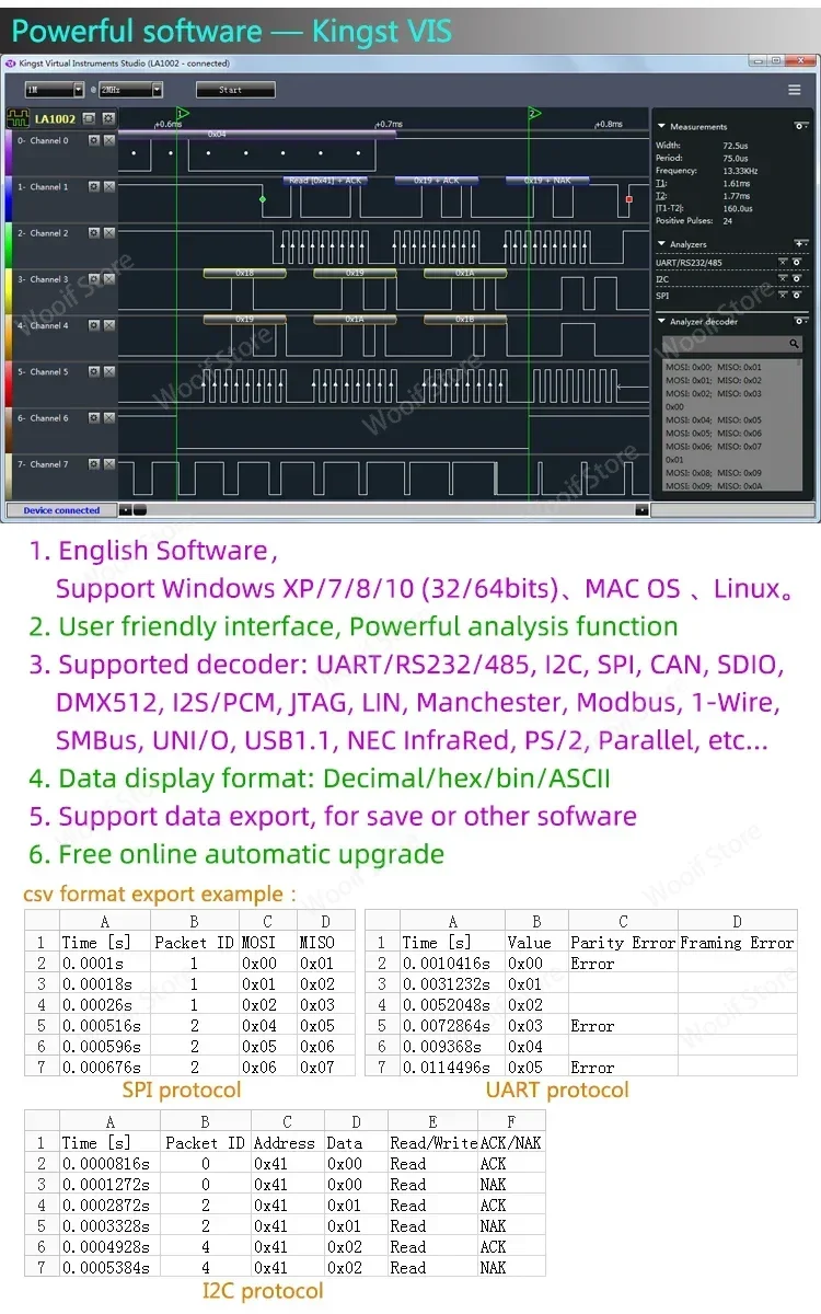 أداة zer Logic USB Kingst ، برنامج إنجليزي ، معدل عينة أقصى ، 32 قناة ، 10 عينات ، MCU ARM ، FPGA ، analim ، LA5032