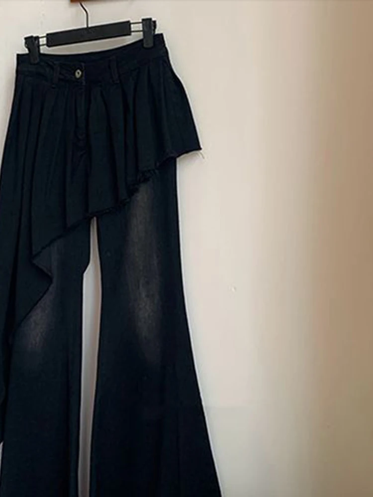 Pantalones vaqueros de dos piezas falsos con diseño de patchwork de estilo americano Retro otoño nuevos pantalones acampanados de cortina de pedido para fregar el suelo de cintura alta