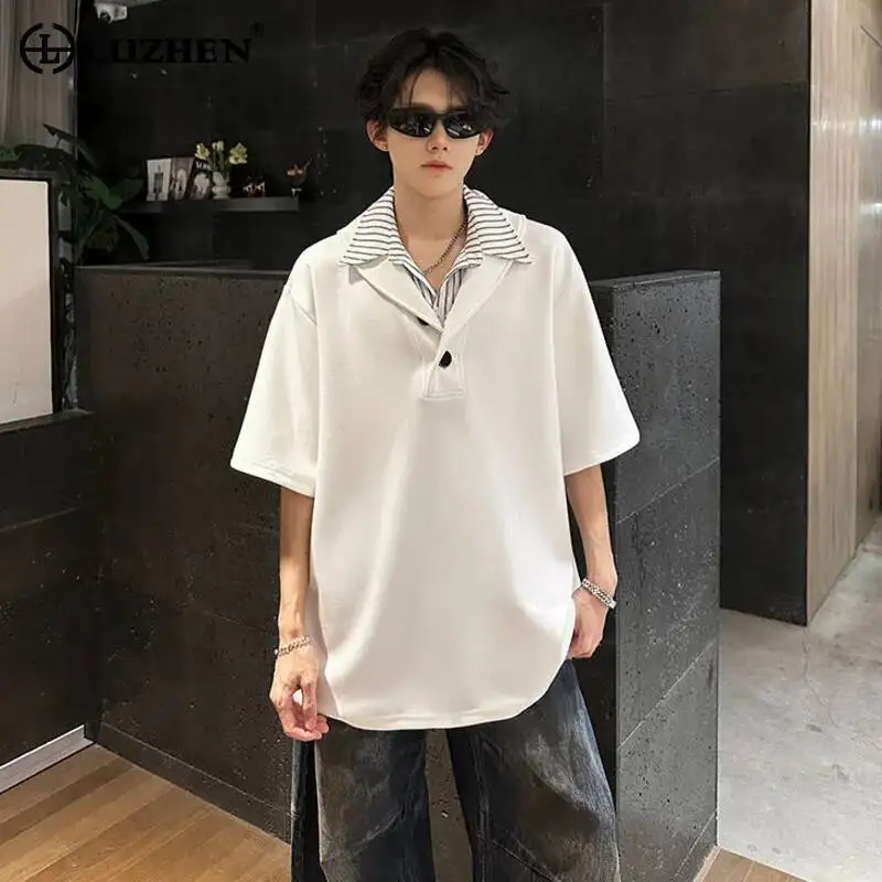 LUZHEN 2026 Summer Fake Two Piece Design Double Layer Collar Short Sleeve T-shirts Men's Trendy Loose Shoulder Pad Tops JY7264