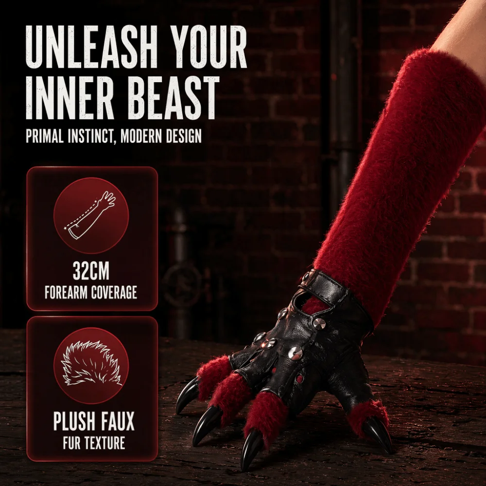 Furry Fursuit Kigurumi Gloves Thicken Cartoon Punk Leather Gloves Warm Kawaii Cat Dog Wolf Animal Paw Gloves Cosplay Costume