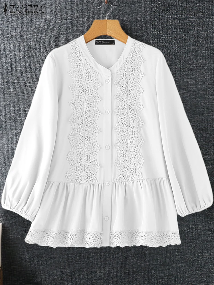 

ZANZEA Elegant Round Neck Tunics Fashion Long Sleeve Shirts 2024 Women Solid Commuting Tops Casual Lacing Splicing Blouses