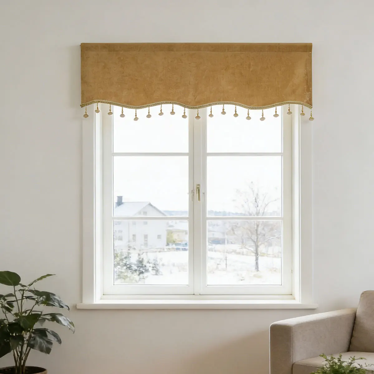 1 Piece Caramel Velvet Beaded Window Valance, French Vintage Mid-century Style, Wave Edge Curtain Valance for Curtain Track Cove