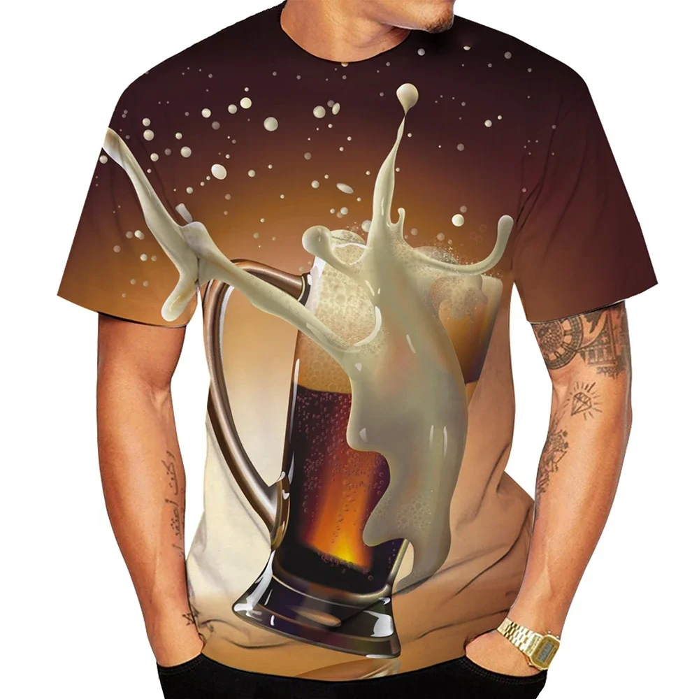 Men 3D Beer Glass Splash Print Crew Neck Short Sleeve T-Shirt Funny Beer Graphic Casual Summer Party Street Daily Wear Tee