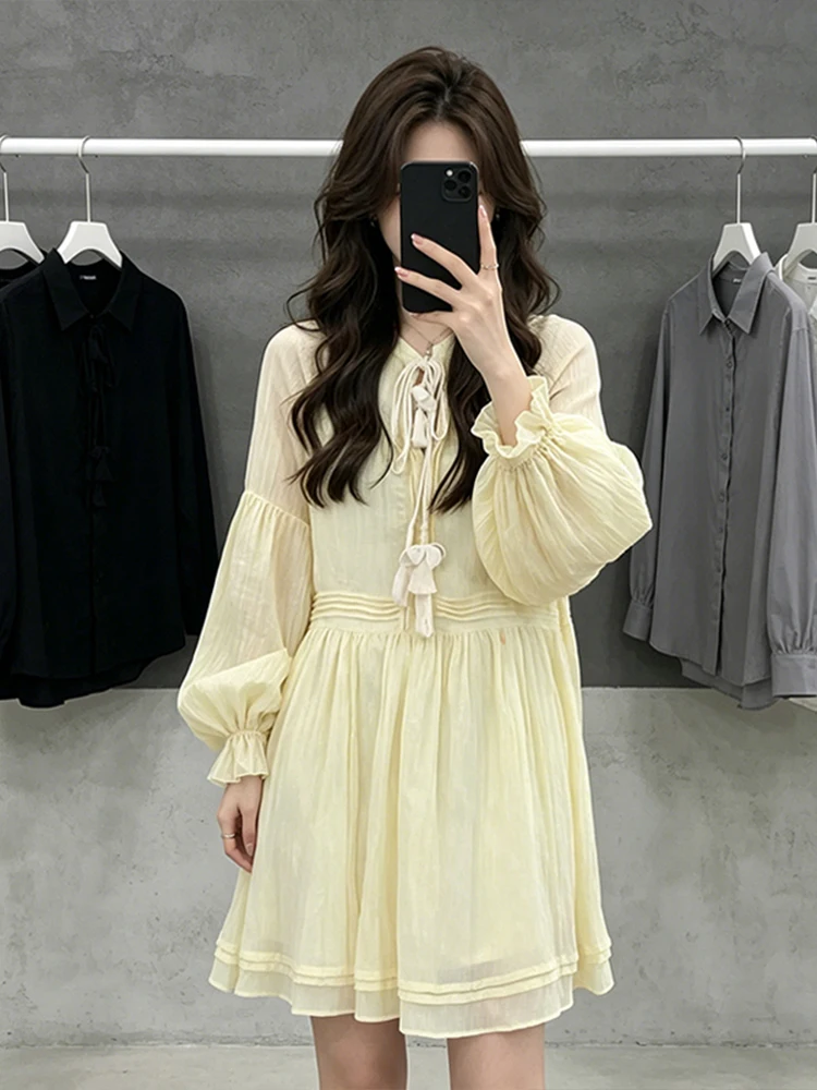 

Sweet Summer New Style Women's Long Sleeve Dress Waist Cinched Belted Casual High Waist Polyester Fiber A-Line Skirt Dress