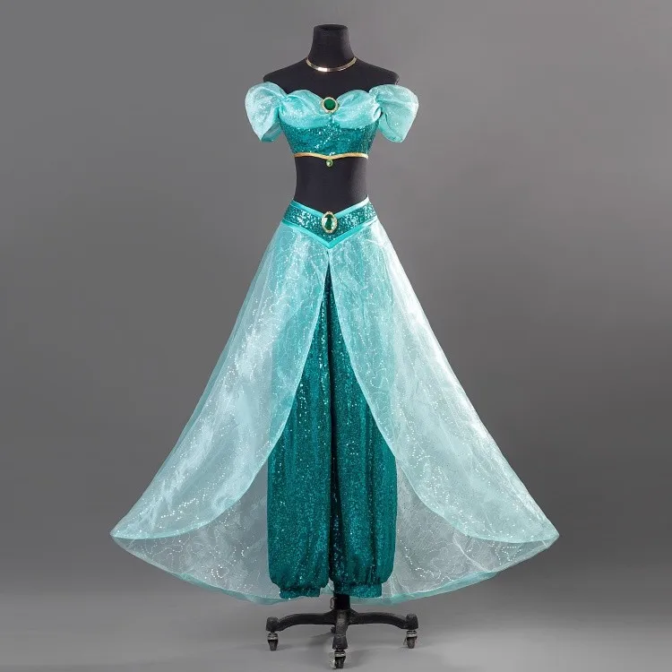 Costume de cosplay de la princesse Jasmine d'Aladdin pour femmes, robe arabe pour Noël, Halloween, carnaval, scène, tenue de fête à paillettes