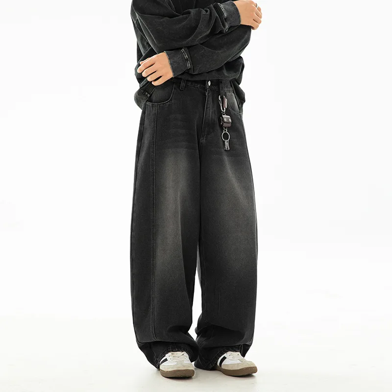 Men Jeans Distressed Jean Solid Straight Denim Full Length Pants Washed Loose Zipper Fly Vintage Pockets High Waist Spring