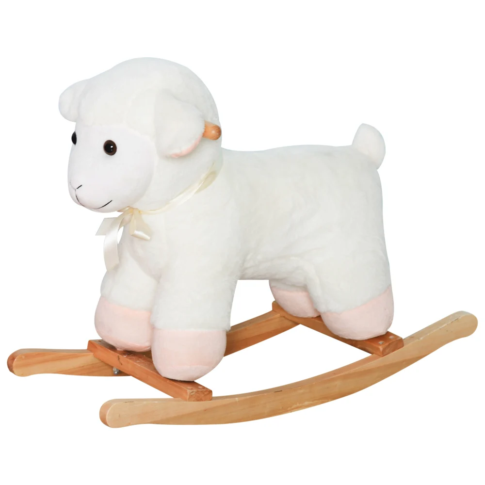 Lamb Rocking Horse Sheep, Nursery Stuffed Animal Ride On Rocker for Kids, Wooden Plush, White