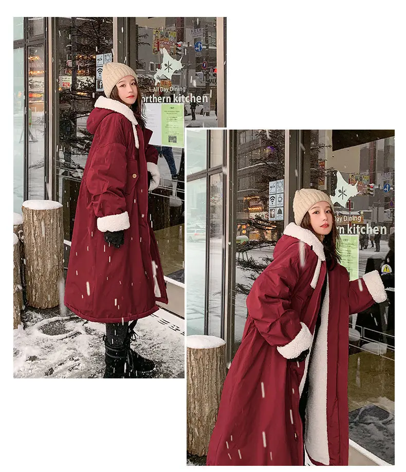 Lamb wool Cotton Jacket Women's Korea Loose 2026 New Winter Plus velvet Snow Parkas Warm Hooded Coat Casual Female Long Overcoat