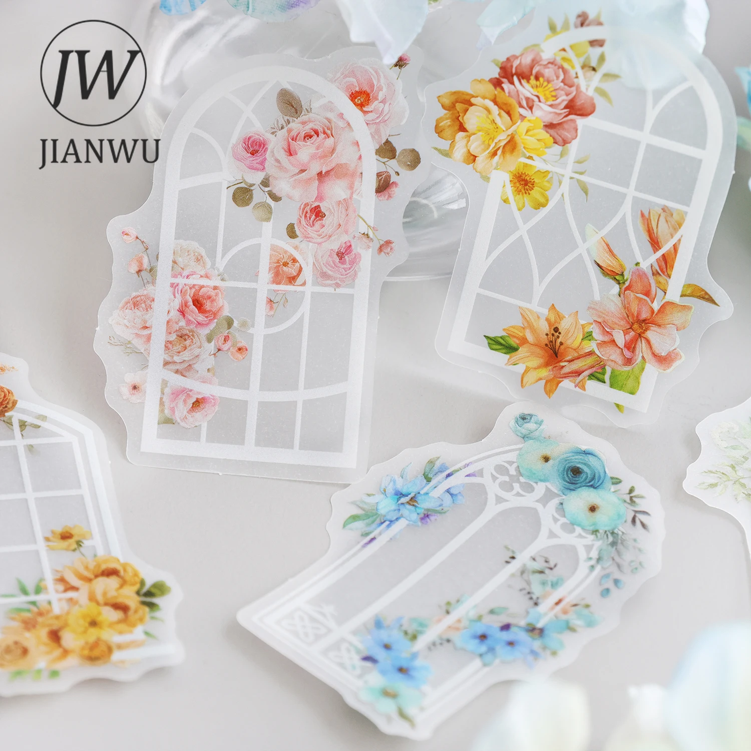 JIANWU When Romance Climbs Onto Windowsill Series Vintage Flower Material Collage PET Sticker Creative DIY Journal Stationery