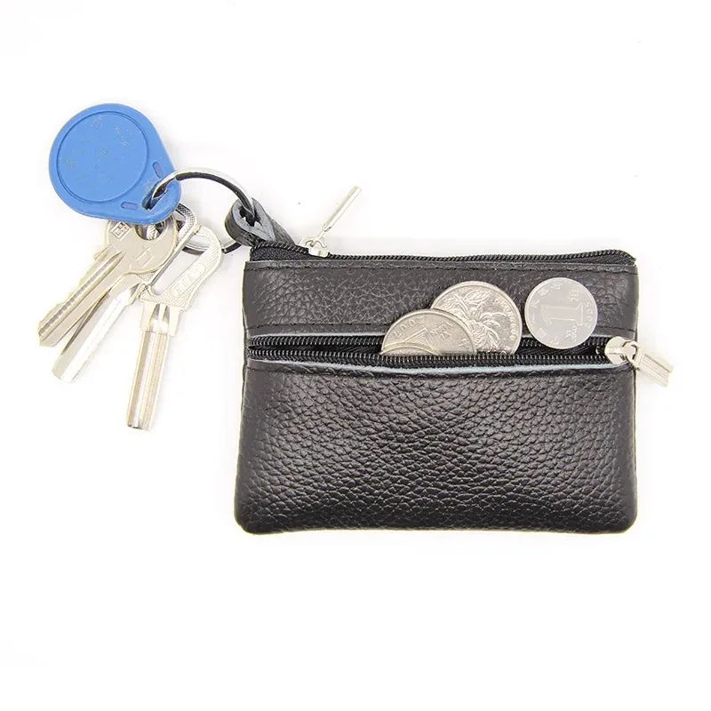 Fashion Solid Color Genuine Leather Coin Purse Unisex Card Bags Multifunction Zipper Key Wallet Top Grain Cowhide Mini Pouch