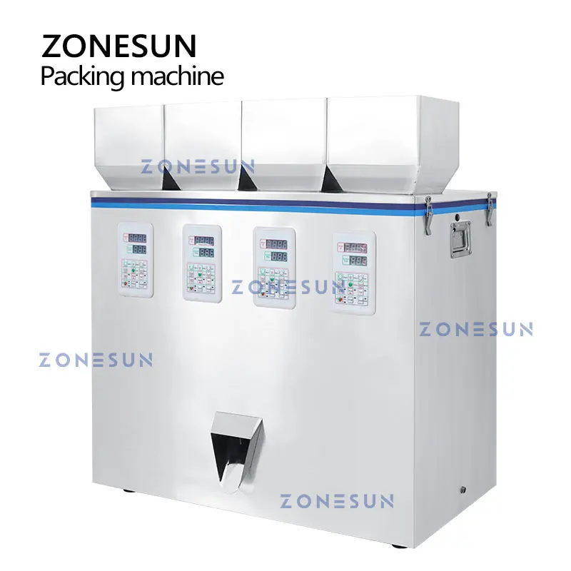 ZONESUN Butiran Mengisi Berat Mesin 4 Hopper Tepung Kacang Teh Daun Kacang Campuran Lada Musiman Kemasan ZS-GWF4