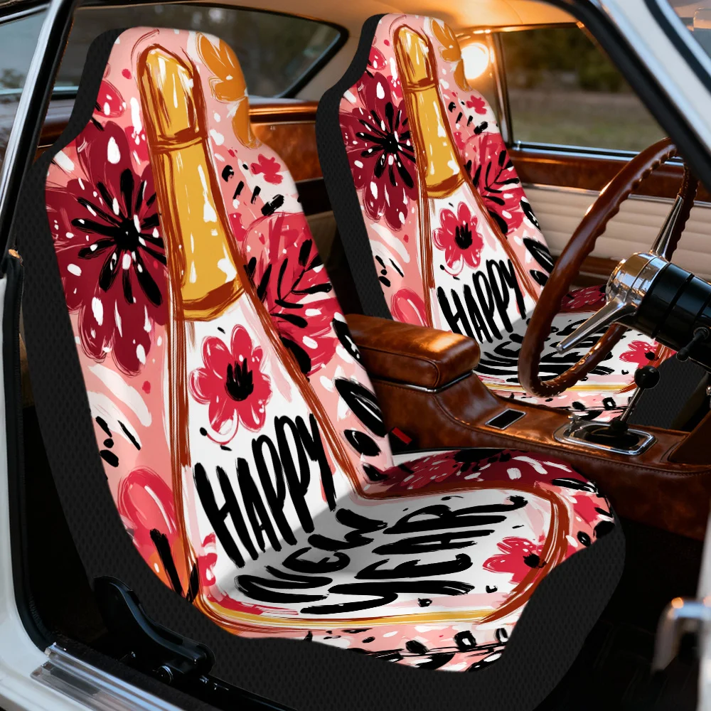 2pcs, Floral Champagne New Year Party Print Decorative Car Seat Covers, Comfortable Washable Material, Fit Adds Elegant Fashion