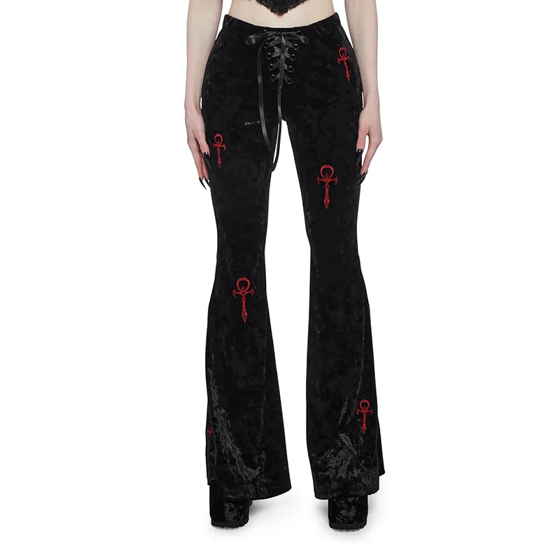 Pantaloni svasati a vita alta in velluto scuro gotico Pantaloni lunghi morbidi con ricamo incrociato moda Harajuku Pantaloni slim gotici autunnali da donna