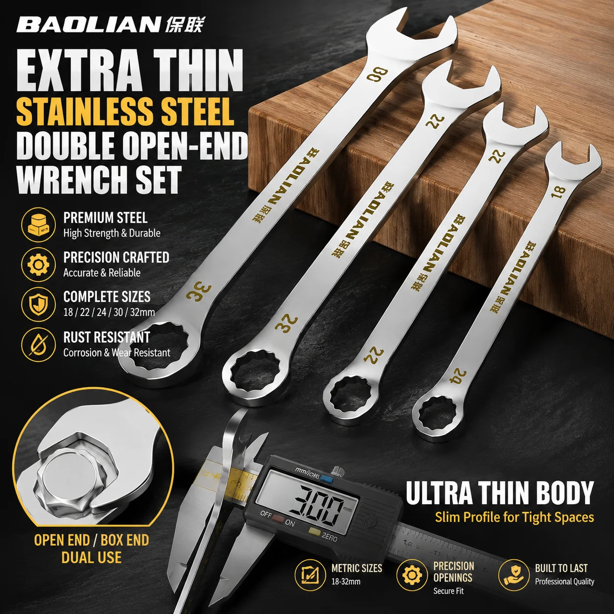 3MM Hot Ultra-Thin Wrench Large Open-End Wrench Plum Dual-Purpose Wrench Wholesale 4-32MM Cross-Border Thin Section Dual-Purpose