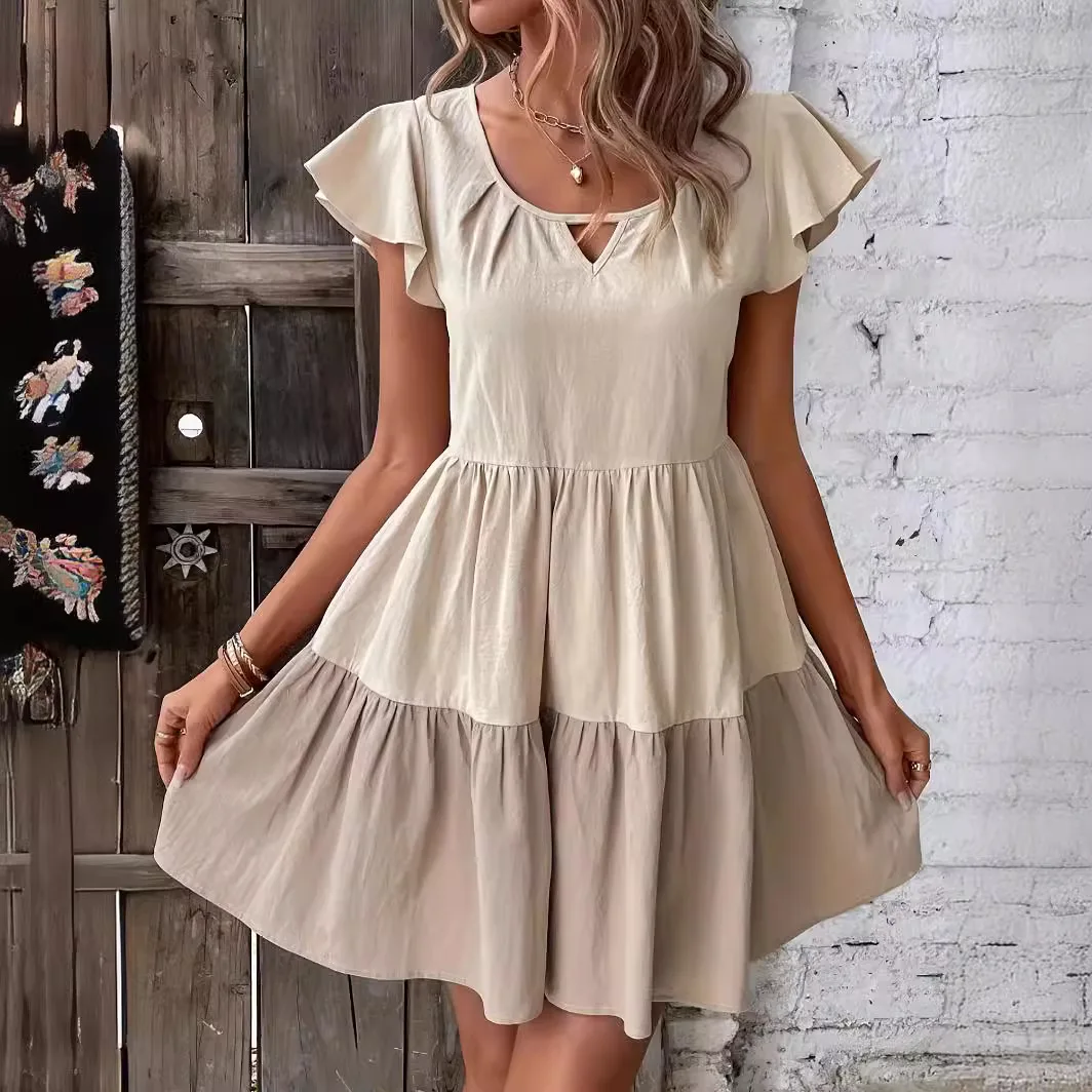 

Summer Women's Casual Dress Fashionable V-neck Comfortable Cotton Linen Color Blocked Jumpsuit Short