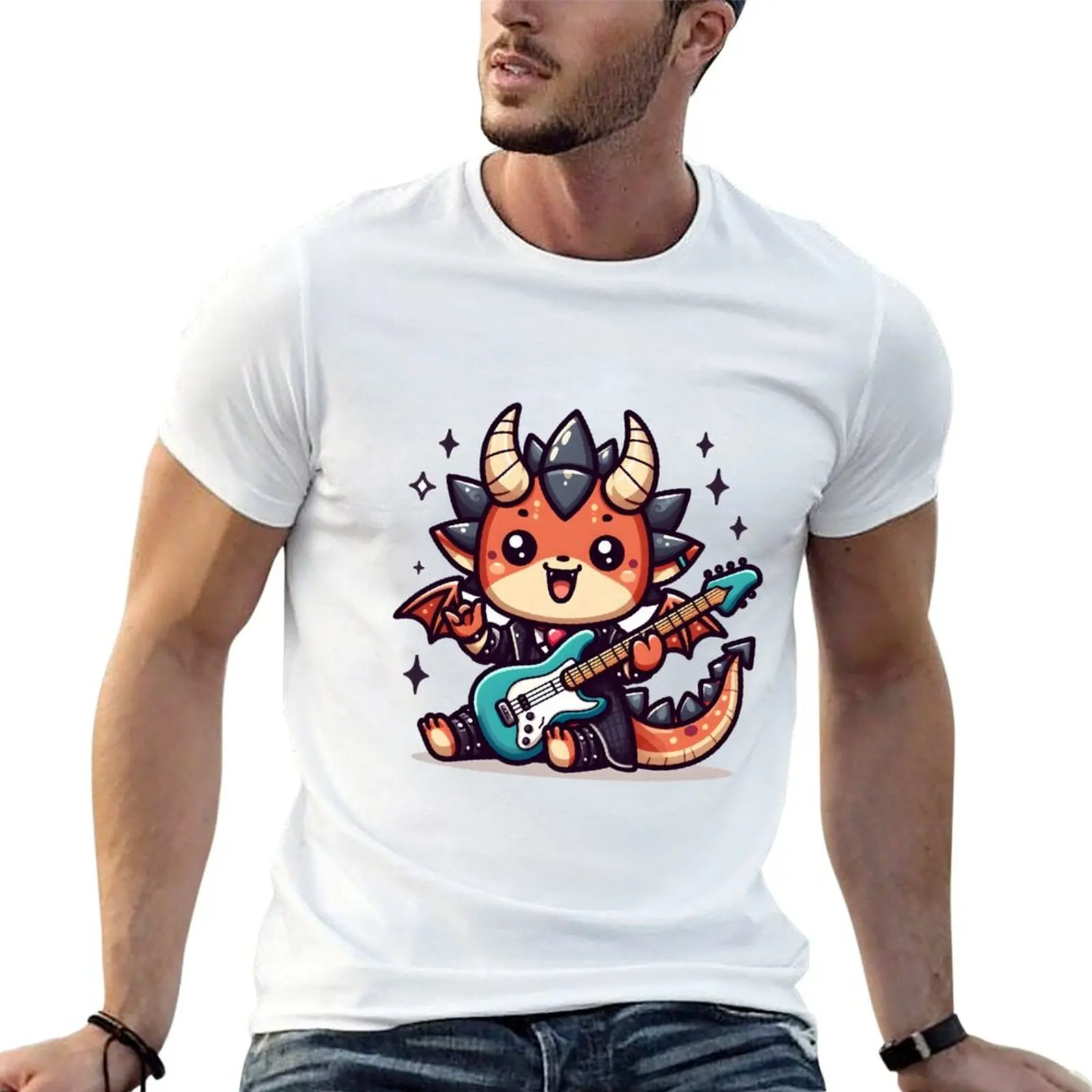

Kawaii Adorable Dragon With Guitar And Rockstar Outfit T-Shirt t shirts for man graphic funny t shirt man plain T-Shirt