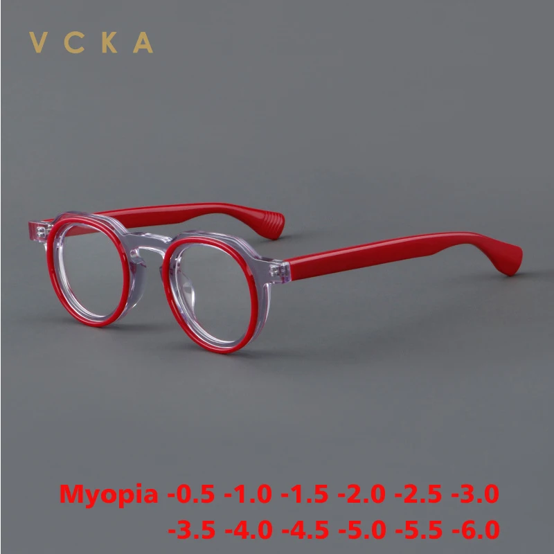 VCKA Vintage Round Acetate Myopia Eyeglasses Frame Men Handmade Designer Glasses Women Luxury Brand Custom Eyewear -0.50 to -6.0