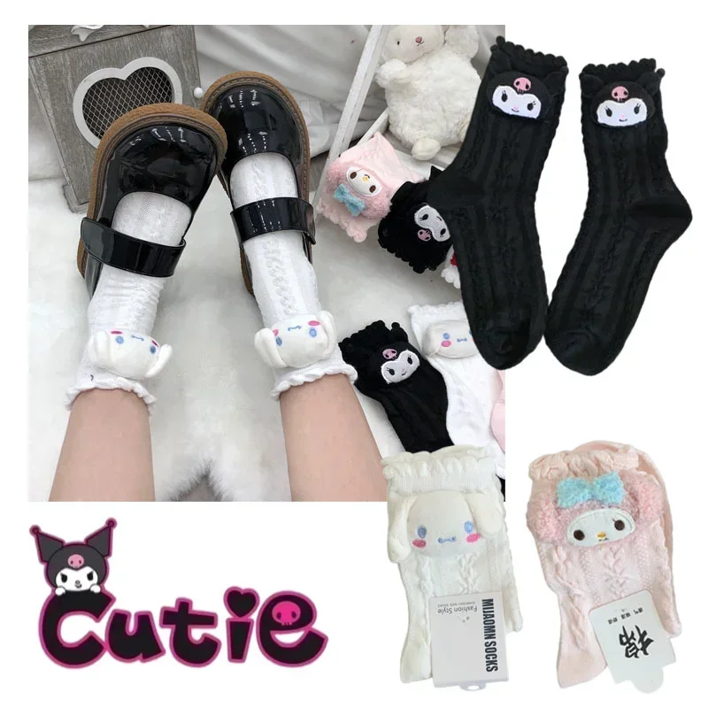 Anime Cartoon My Melody Kuromi KT Cat Cinnamoroll Kawaii New Plush Knitted Socks Cute Flower Edge Girl Lolita Middle Tube Socks