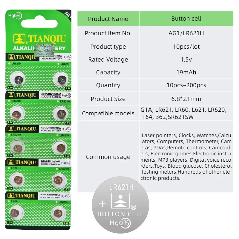 

AG1 1.5V Original Lithium Batteries LR621, LR60, L621, LR620,362,SR621SW Button Coin Cell for Watch Toys Clock Remote Control