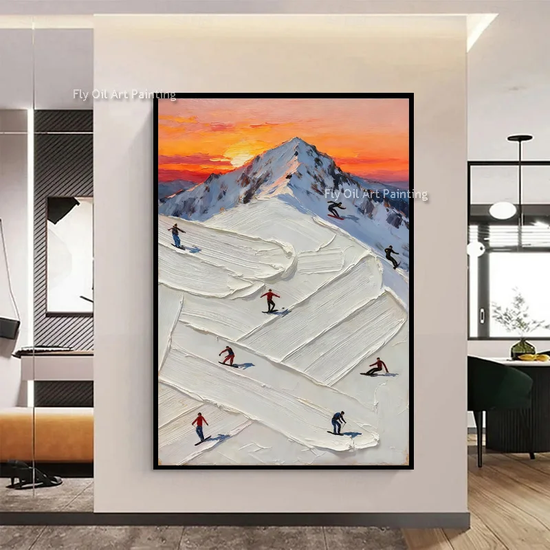 Schlichtes Design, handgemalt, weiße Kunst, Schneeberge, dickes Ölgemälde, abstrakte Bergmenschen, Skifahren, Leinwandkunst, Wanddekoration