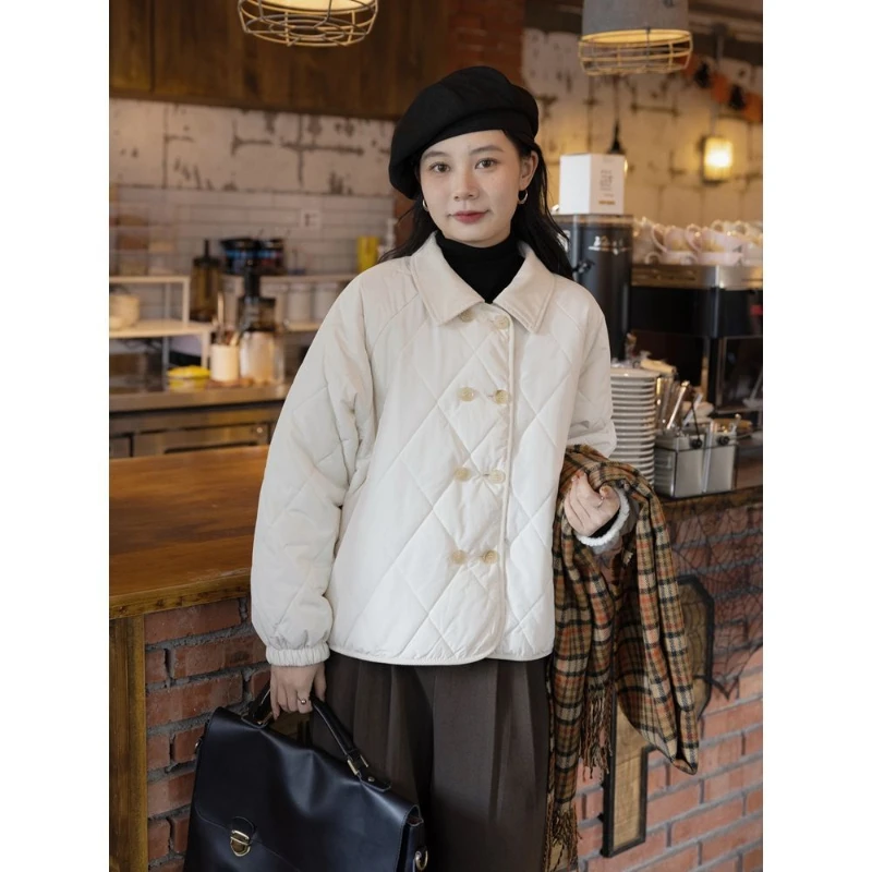 

Loose Diamond Grid White Cotton Jacket for Women in Autumn and Winter High-end Sense College Style Slim and Thick Cotton Jacket