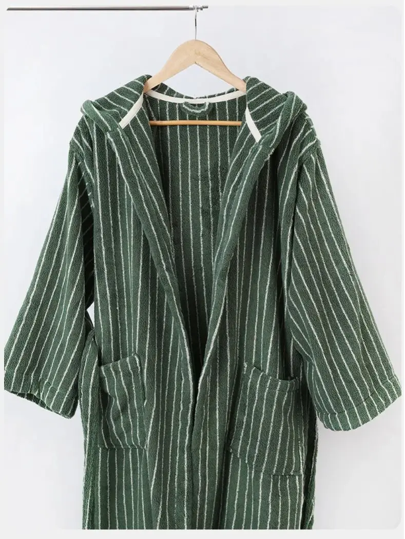 Loose Classic Checkerboard Checkered Long Staple Cotton Bathrobe Simple Retro Vertical Stripes Adult Long Couple Bathrobe