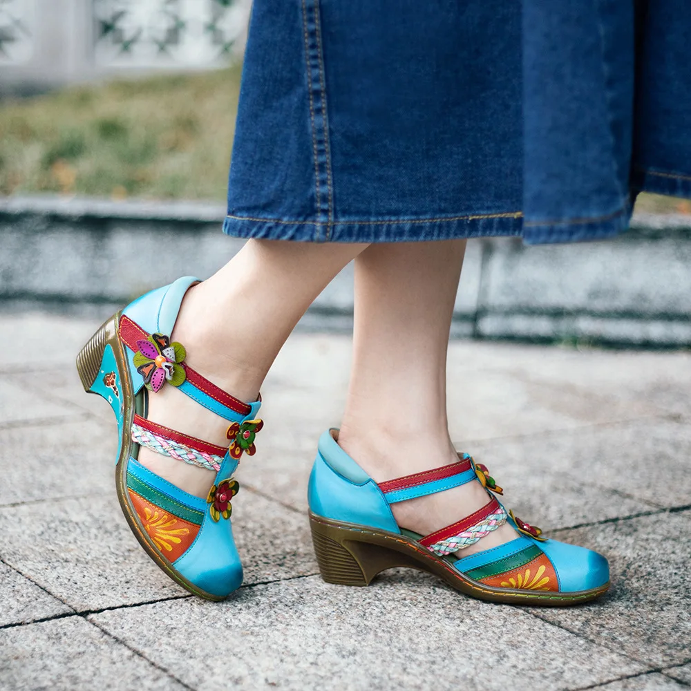 Socofy Raffan Luxury new retro genuine leather round toe Flower deco sandals