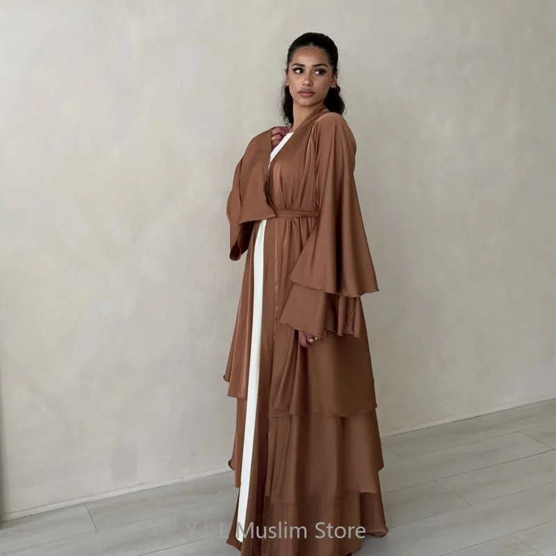 Eid Ramadan Satin Open Kimono Abaya Dubai Luxury Kaftan Turkey Islam Kebaya Robe Femme Musulmane Muslim Women Clothing With Belt