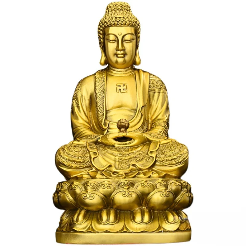 Pure bronze Buddha Shakyamuni, praying for blessings and holding a bronze statue of lotus flowers in his hand