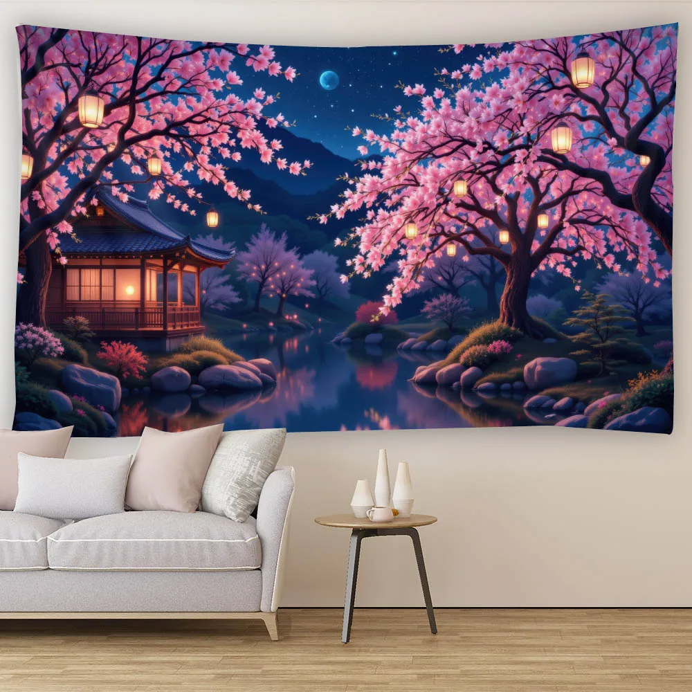 

Cherry Blossom Night Sky Tapestry Wooden House Moon Romantic Forest Style Living Room Aesthetics Room Decoration Wall Hanging