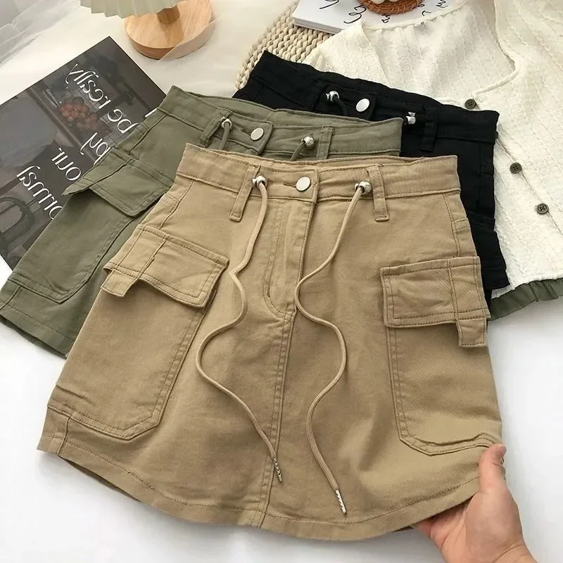Lucyever Vintage Denim Mini Skirts Women Summer Loose Pockets Lace-Up Loose Jean Skirt Korean Fashion High Waist A-Line Skirt