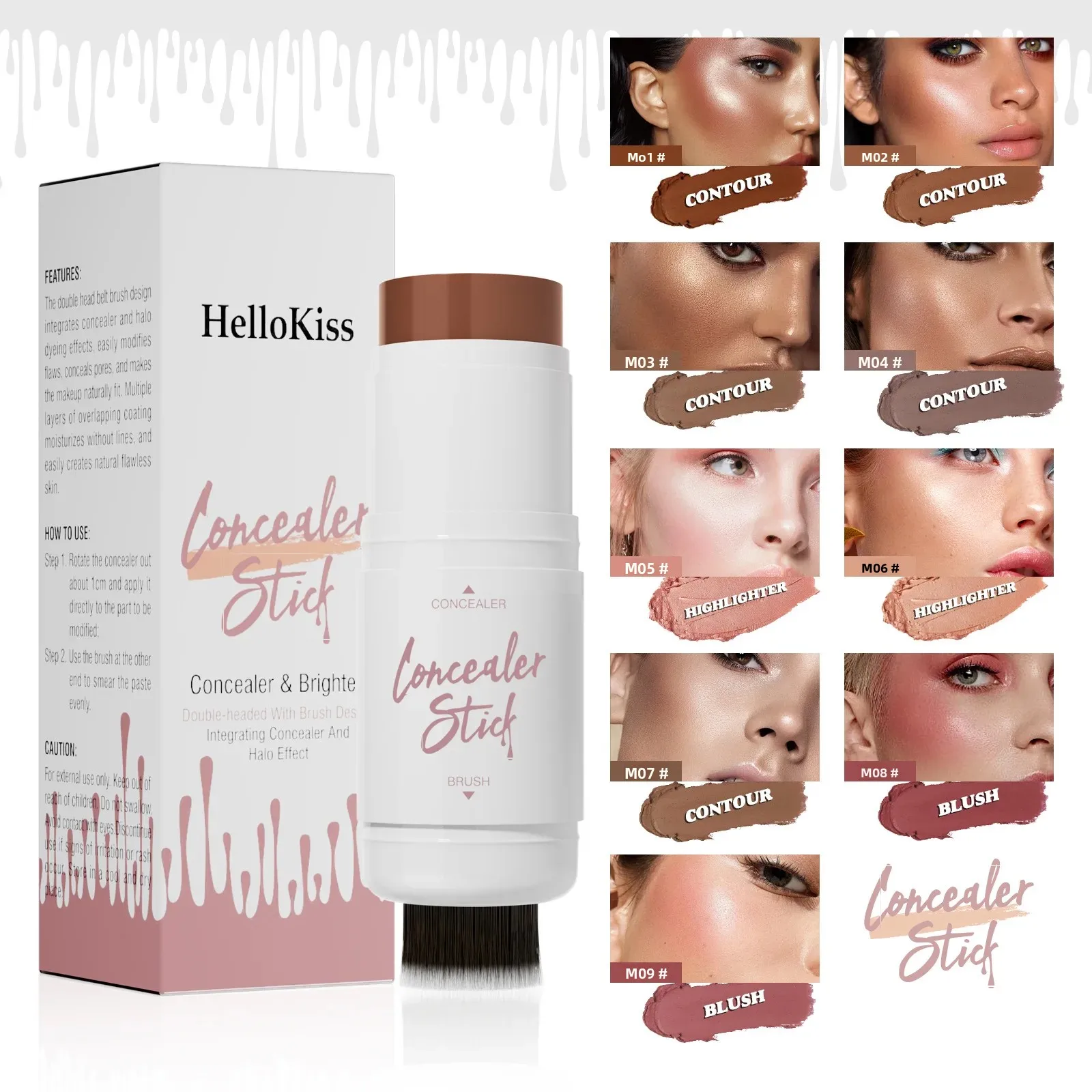 Hellokiss Double Head Multifunctional Highlight Blush Stick 3D Face Brightening Bronze Grooming Stick for Makeup