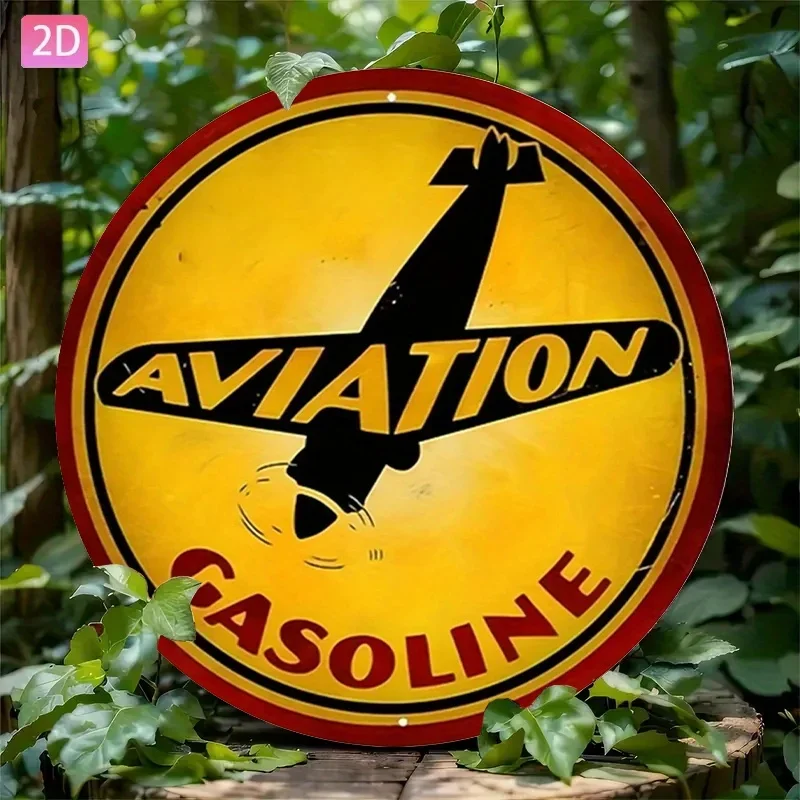 Vintage 8 Inch Red Black Aviation Gas Sign, Circular Metal Wall Decor, Hanging Plaque for Garage, Bar, Cafe & Home Room