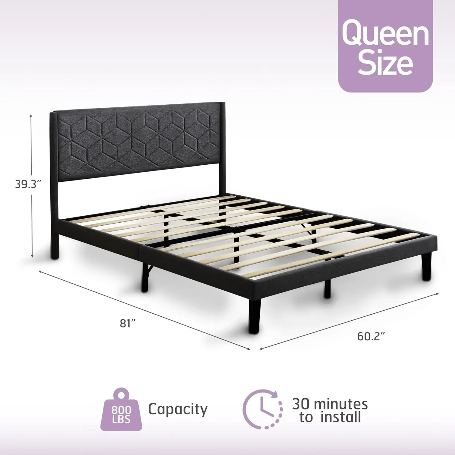 Queen Bed Frame Upholstered Platform with Headboard and Strong Wooden Slats,Non-Slip and Noise-Free,No Box Spring Needed, Eas