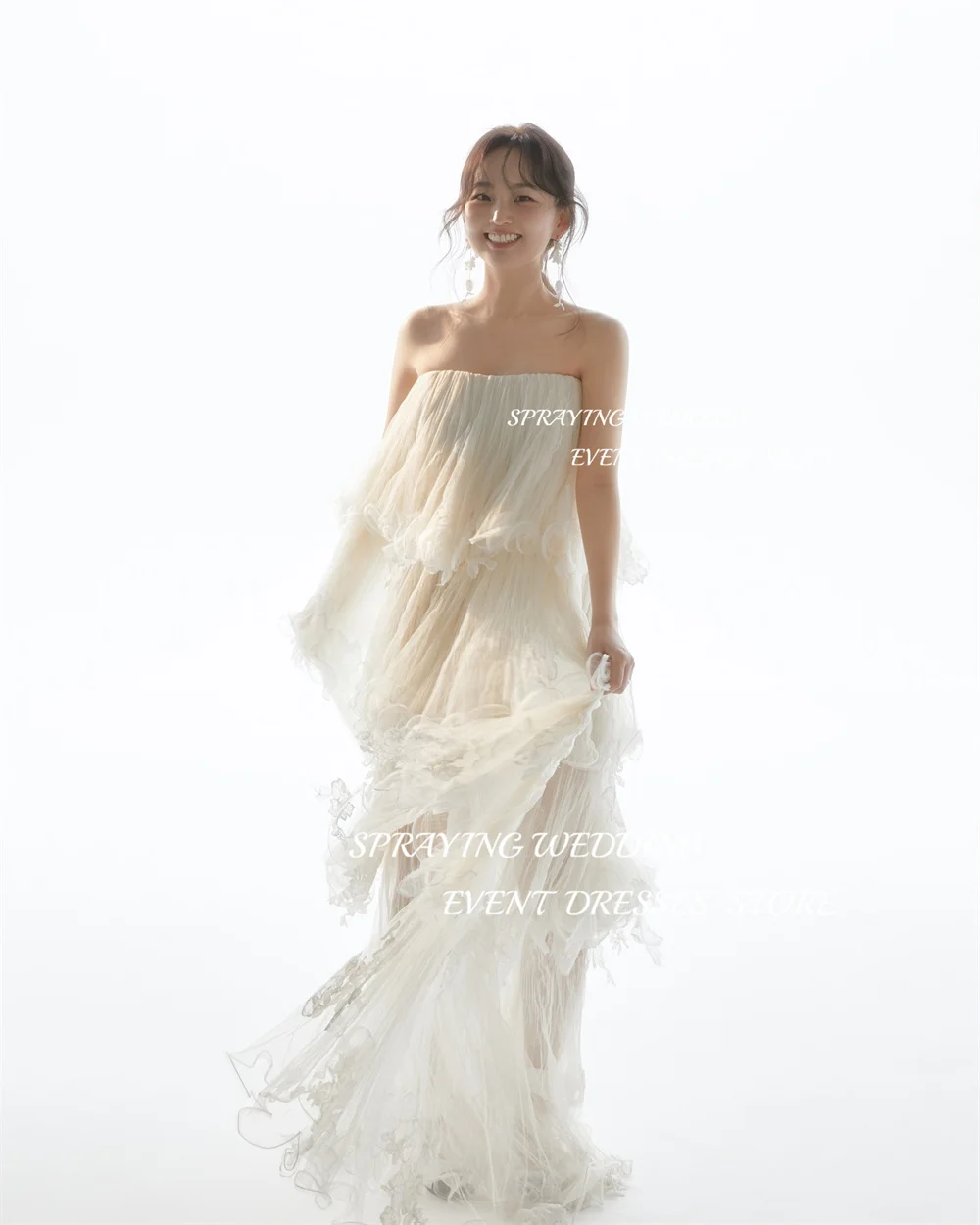 SPRAYING A-line Lace Wedding Photography Tulle Strapless Korean Bridal Gown Floor-Length Long Corset Back Wedding Dress