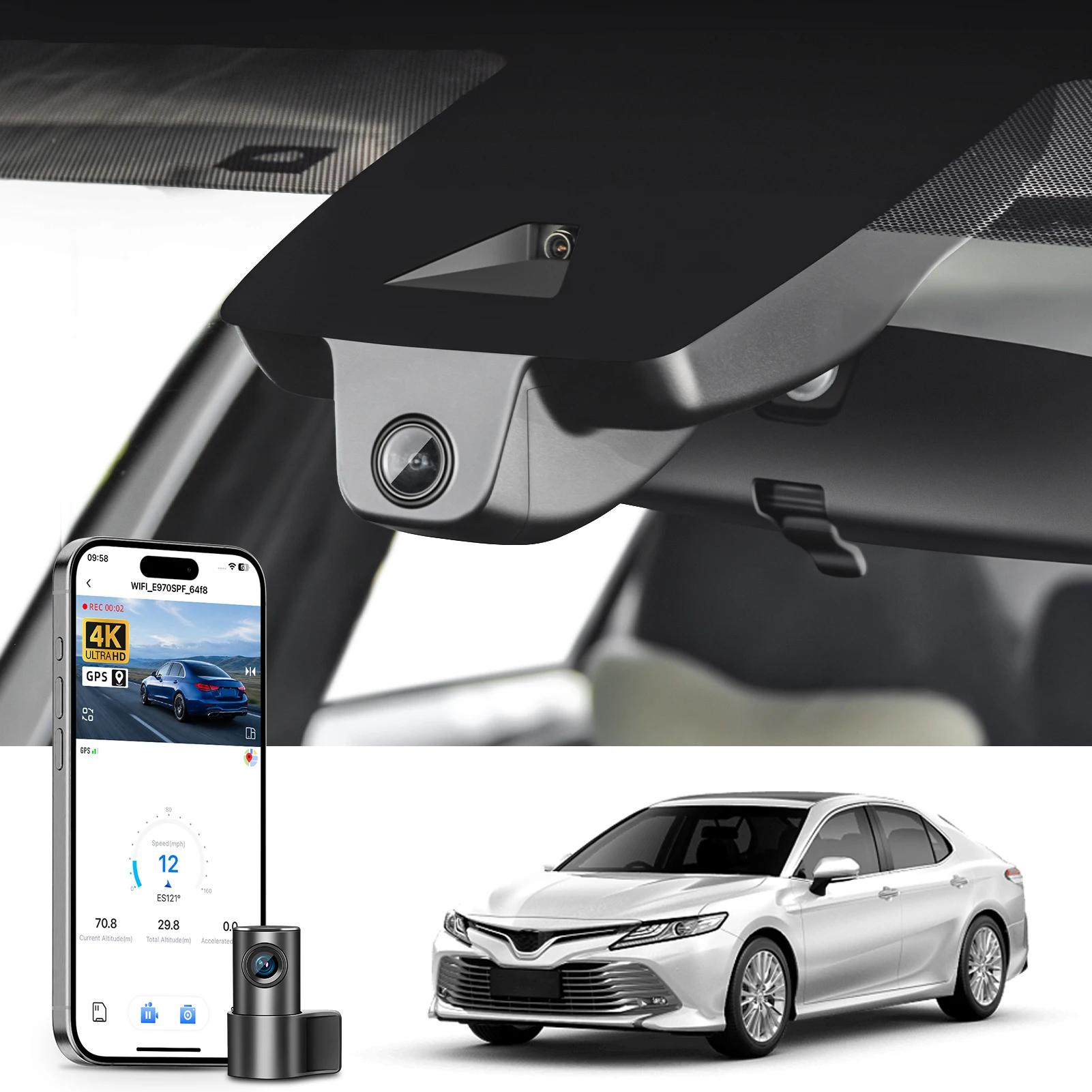 Câmera Veicular Mangoal Dedicada 4K para Toyota Camry e Camry Hybrid 2018-2026 com GPS, WiFi e Aplicativo, Gravador com Visão Noturna