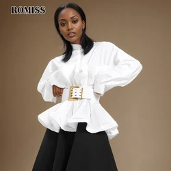 ROMISS Tunic Folds Shirts For Women Stand Collar Long Sleeve Patchwowk Ruffles With Belt Solid Fashion Spring Blouse Female